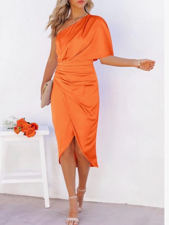 Dresses & Skirts - Elegant One-Shoulder Orange Midi Dress